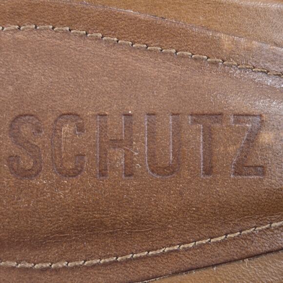 Schutz Enola Mid Block Sandals Womens 8.5 Caramel Brown Leather Gold Tone Buckle - Picture 9 of 10